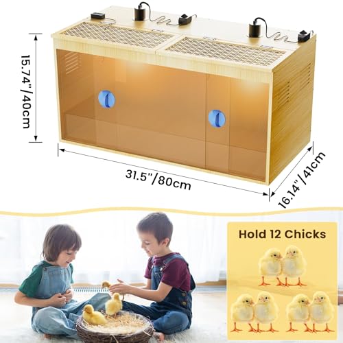 Brooder Box for Chicks, 32 Inch Wooden Large Chicken Brooder Box with 75W Heating Lamps, Thermometer, Chicken Feeder & Waterer Set, Tin Foil, Poultry Breeding Kit, for 12-15 Chicks Ducks Quail