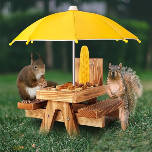 Gnodary Squirrel Feeder with Umbrella, Squirrel Feeders for Outside, Squirrel Picnic Table Feeder - Chipmunk Feeder Hold Corn, Corn Cob, Peanuts (Yellow) - color: Yellow