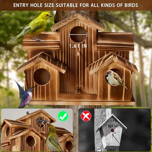 Bird House for Outside 5 Hole Bird Houses Room for 5 Bird Families Large Bird House for Garden/Courtyard/Backyard for Garden Decor-Finch Bluebird Cardinals Handmade Wooden Hummingbird House - style: Castles
