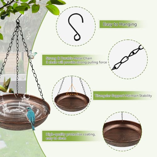 10" Compact Metal Hanging Bird Bath with Chains | 1.6" Deep Bowl, 0.4Gal Capacity, 3 Chain Support, Easy Cleaning, Rust Resistant, Small Space Decor - size: 10"