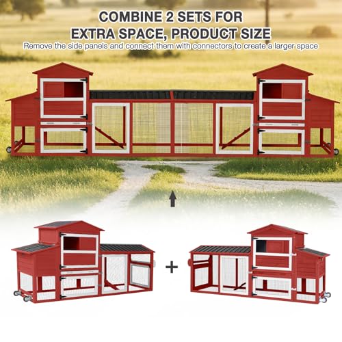 80" Large Chicken Coop on Wheels, with Run, Outdoor Wooden Hen House with Nesting Box, Leakproof Pull-Out Tray & Waterproof Roof, for 4–6 Chickens-Red - color: Red (AIR61-R)