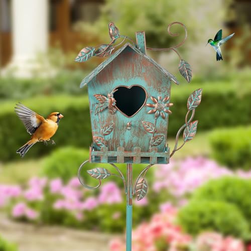 DREAMSOUL 48" Rustic Bird House Pole, Green Birdhouse for Patio | Metal Bird Houses for Outside Garden Yard Accent, Weatherproof Finish, Ornamental Aviary Style - style: Rustic