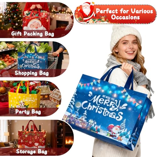 Bszatan Christmas Gift Bags with Handles,24 Pack Large Reusable Tote Bags,Non-Woven Christmas Bags for Wrapping Xmas New Year Party Favors, 12.8"x9.8"x6.7" - color: Christmas Bag 24 PCS