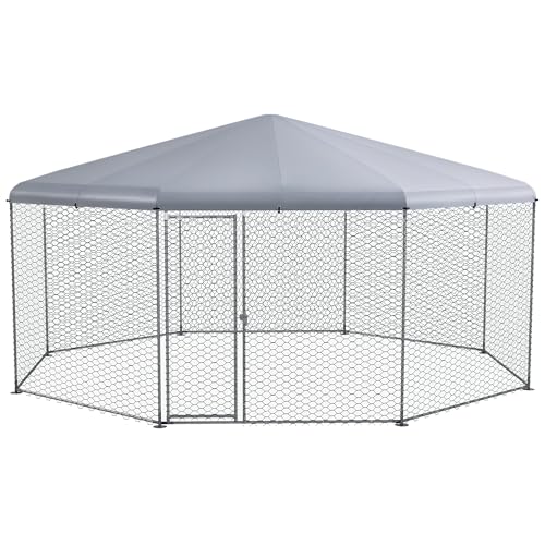 PawHut Large Chicken Coop Polygon Shaped Walk in Fence Cage 17.1'x15.7'x9' | Metal Chicken Run with Waterproof and Anti-UV Cover, Hen House for Outdoor and Yard Farm Use, 1" Dia
