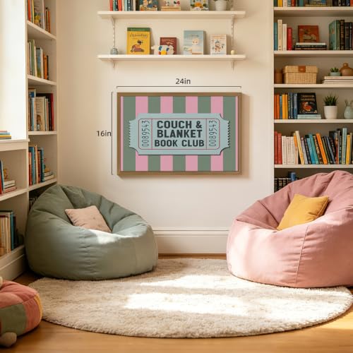 CGXY Couch Blanket Book Club Wall Art, Vintage Book Club Ticket Poster Print, Pink Green Stripe Reading Room Decor, Retro Book Lover Aesthetic Picture for Bedroom Library Wood Framed 12x16 Inch - color: SofaBlanket, size: 16"L x 12"W