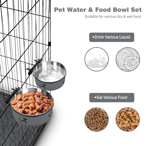 Dog Crate Bowls, 2 Pack Stainless Steel Kennel Water Bowl Hanging No Spill | Mountable Food & Water Dispenser, Elevated Feeder for Crate Cage, for Small to Medium Pets Cat Puppy Bunny Guinea Pig Ferret - color: Gray