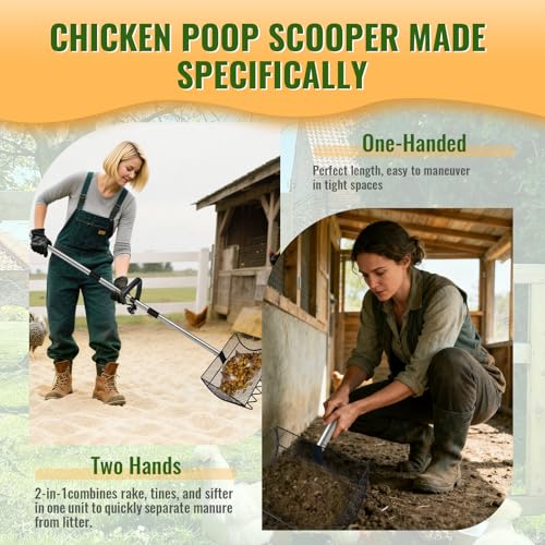Chicken Poop Scooper, 2-in-1 Coop Scoop & Chicken Coop Rake, Sand Sifting Shovel with Adjustable Stainless Steel Handle, Up to 65 in, No-Bend Cleaning Tool - Patent-Pending (Black) - color: Black