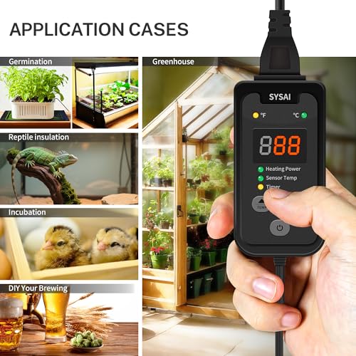 SYSAI Digital Thermostat Controller for Reptile Tank & Heat Mat, Seed Germination, Breeding & Home Brewing, 1A 100W, High Accuracy °F/°C Probe, 60-94°F