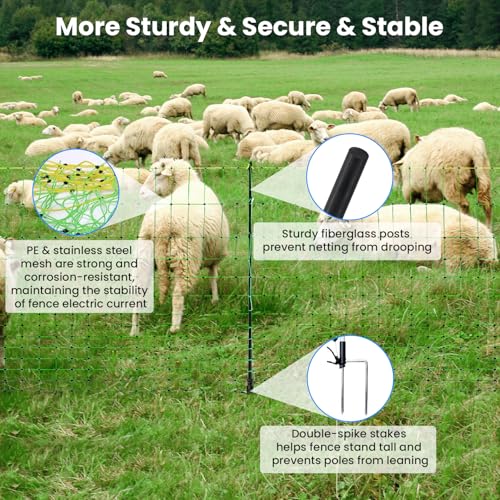 Electric Fence Netting, 42.5" H x 164'L, for Livestock, Cattle, Sheep, Goat | Electric Netting Fence, Pre-Assembled, 14 Posts Double Spiked, Portable Livestock Nets Used in Backyards, Farms and Ranches - size: 42.5" H x 164'L Livestock