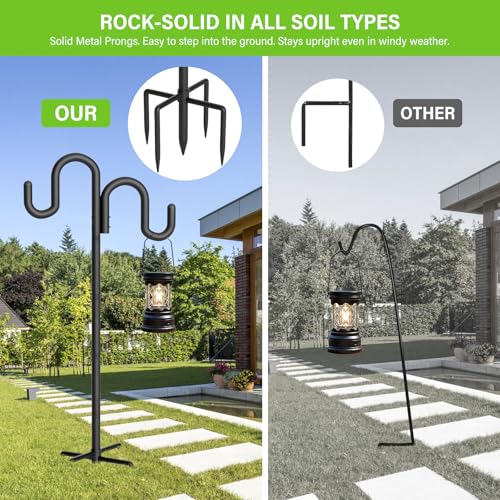 Double Shepherd Hook for Outdoor, 92" Heavy Duty Bird Feeder Pole with 5-Prong Base, Adjustable Thickened Shepherd Hook for Bird Feeder, Flower Baskets, Solar Lights, Lanterns, Black, 2 Pack - size: 92"