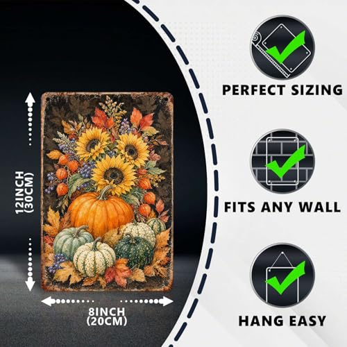 Watercolor Pumpkin Sunflower Autumn Leaves Tin Sign Rustic Fall Wall Art Decor for Living Room Kitchen Dining Room Porch and Entryway Wall Art Decor 12 * 8In - color: Vintage Thanksgiving Tin Sign 18, size: 20X30cm(12*8in)
