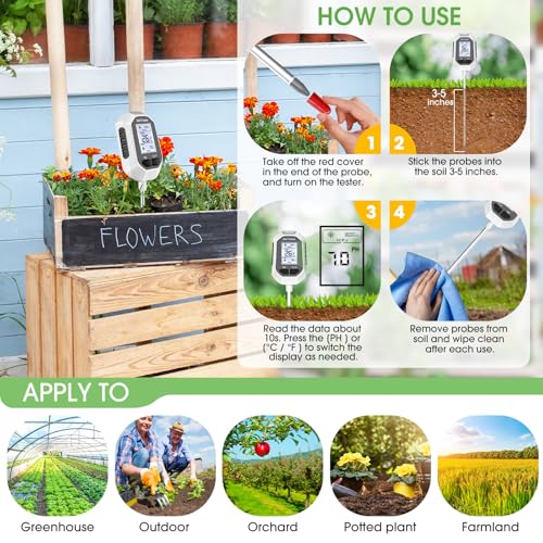 YAMRON 4-in-1 Soil Moisture Meter Digital Plant Temperature/Soil Moisture/pH Meter/Sunlight Intensity Backlight LCD Display Soil Test Meter for Gardening, Farming and Outdoor Plants