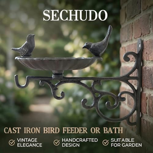 Cast Iron Bird Bath Feeder, Wall Mounted Bird Bath, Black Metal Garden Planter Hanger with Hanging Bracket, Wall Hook for Lanterns, Wind Chimes and More Garden Decorative Items