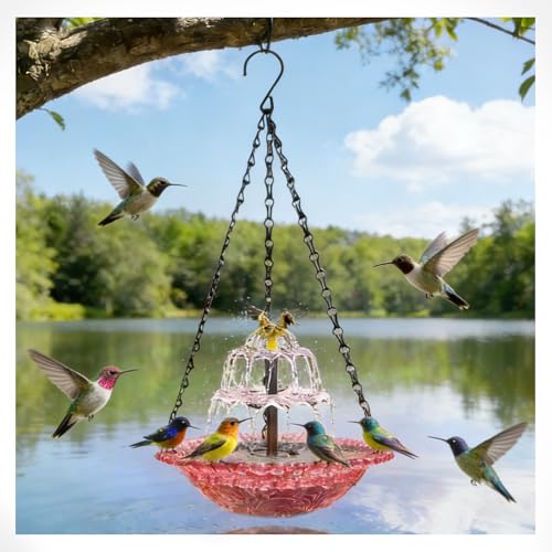 Solar Cascade Hanging Bird Bath, 3-Layer Powered Birdbath Fountain, Red | Outdoor Water Dispenser for Hummingbirds, Hummingbird Bath Shower Bowl for Garden Yard - color: Red