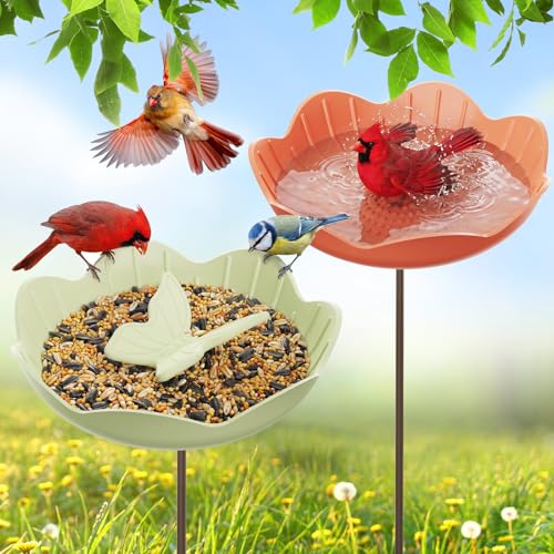 Kinsgyard 2 Pack Free Standing Tray Bird Feeders with Adjustable Pole, Wild Bird Bath for Outdoor Garden Yard Decor, Large Seed Capacity, Easy to Clean and Refill, Red & Green - color: Red & Green