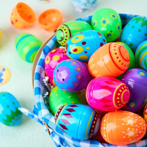 JOYIN 100 Pcs Plastic Printed Bright Easter Eggs 2.3" Tall for Easter Hunt, Basket Stuffers Fillers, Classroom Prize Supplies, Filling Treats and Party Favor