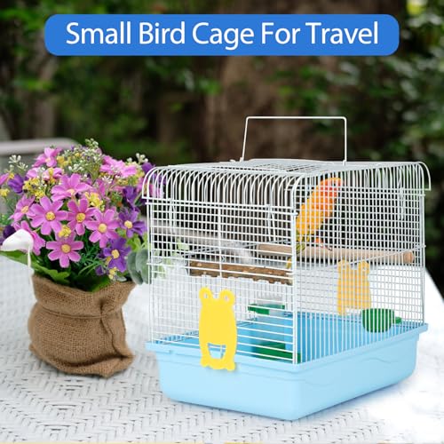 Small Bird Cage for Travel, Parrot Carrier with Handle 9.5"L x 12"W x 12"H | Sturdy, Easy to Clean & Install, Birdcages with Trays, Standing Perch, Feeder Cups for Smaller Birds Lovebird Parakeets, Blue - color: Blue