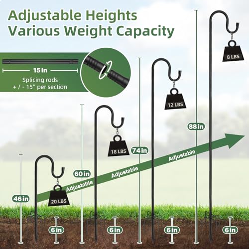 Lilyvane Shepherd Hooks for Outdoor, 46 Inch 5 Prong Base Adjustable Shepherd Hooks, Heavy Duty Feeder Pole for Hanging Flower Baskets Lantern Lights Wind Chime - size: 46"