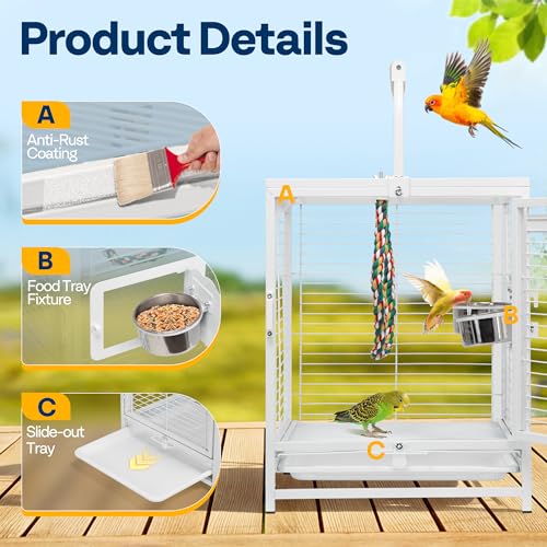 VIVOHOME 19 Inch Wrought Iron Travel Bird Cage for Cockatiel Parakeets | Bird Travel Carrier Cage with Wooden Handle/Perch, Slide-out Tray for Small Parrots Conures Lovebirds Canaries Finches, White - color: White