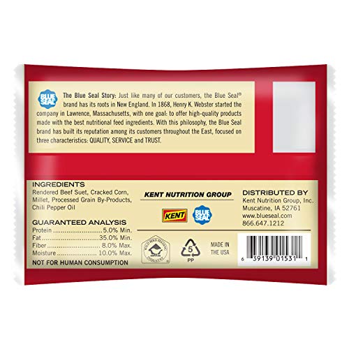Blue Seal Hot Pepper Suet Cakes for Wild Birds | No Mess Suet Feed with Cracked Corn | Food for Woodpeckers, Cardinals, Siskins & Sparrows | Use with Suet Feeder | 11oz Seed Cake (12 Pack)