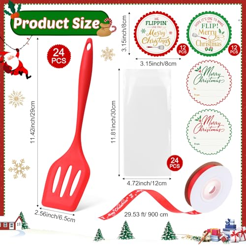 Reallnaive 24 Pack Christmas Silicone Turner Spatulas Heat Resistant | Christmas Cooking Utensils Gifts Set, Slotted Design for Draining, 24 Transparent Plastic Bags, 24 Round Cards, Ribbon
