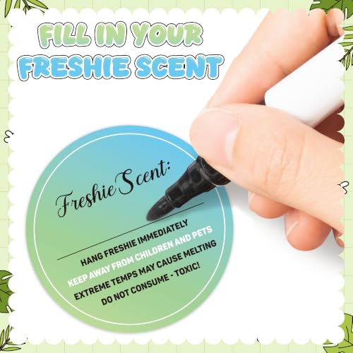 500 Count Freshiess Scent Care Instruction Stickers (Green Blue) | Car Freshie Warning Label, with Line to Write in Scent, Round Adhesive Roll Sticker, for DIY Craft Small Business, 2 x 2 Inch - color: Freshiess Green Blue