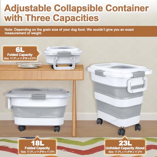 Dog Food Storage Container，10-25 lbs Airtight Collapsible Cat Food Storage Container with Attachable Wheels, Portable Handle, Dog Food Scoop for Dog Cat Bird Pet Dry Food Storage Bin Light Grey - color: Light Grey, size: Large