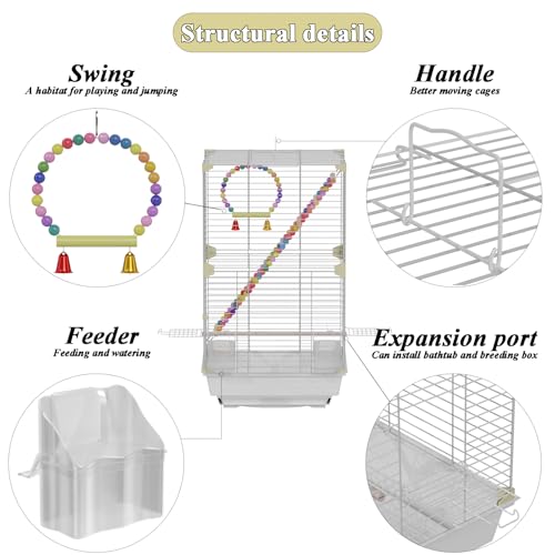 Pet Paradise Bird Cage, 14.6 x 11 x 24.8 inches, Metal Wire Construction, Multiple Perches and Feeders, for Parakeets, Canaries, Finches (White)