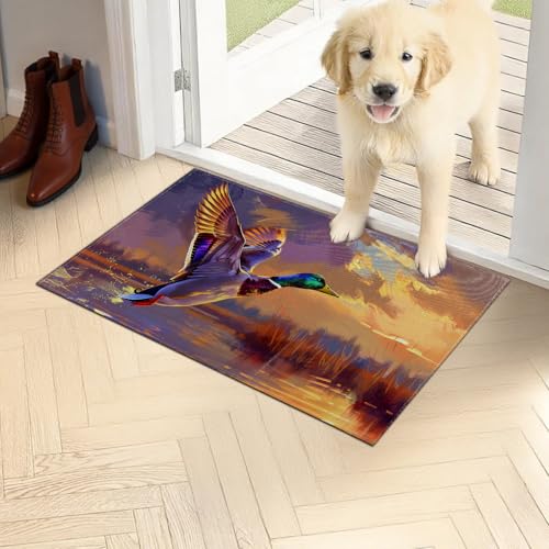 Flying Duck Doormat 17x29.5 Inch, Colorful Sunset Wetland Scene Indoor Door Mat, Wildlife Bird Hunting Non-Slip Welcome Rug Gifts for Living Room, Kitchen, Bedroom,Farmhouse Decor - color: Duck