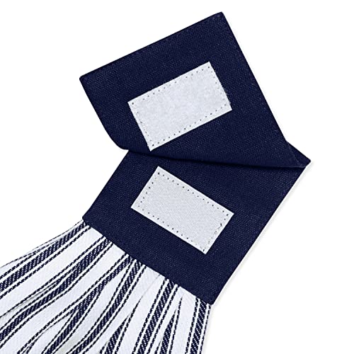 Navy Blue and White Ticking Stripe Hanging Kitchen Dish Hand Towel Cotton with Button Accent, Set of 2 - color: Navy Blue
