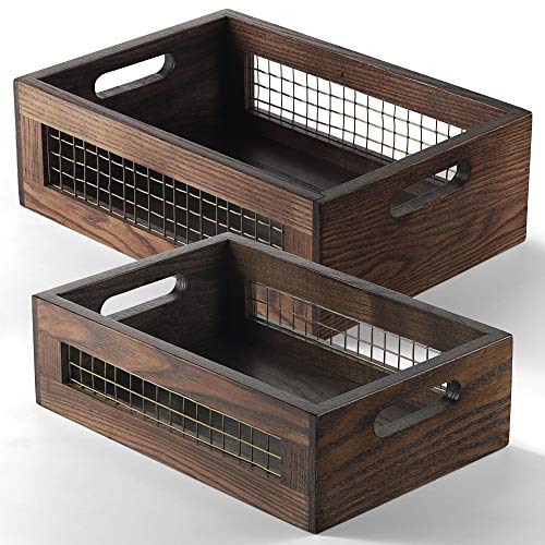 Wooden Countertop Baskets Set of 2 for Kitchen, Pantry|Wall Mount Upgrade with Full Accessories| Rustic Nesting Boxes|Wooden Organizer Crates for Vegetables, Produce, Bread - color: Walnut