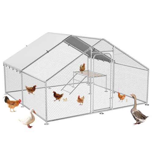 13.1 x 9.8 x 6.4 FT Metal Chicken Coop, Chicken Run with Cover | Walk-in Metal Chicken Coop, Side Hardware Cloth, Waterproof Cover, Roosting Perch, reinforced frame, Backyard & Farm Use - size: 157.3"L x 118.0"W x 78.2"H