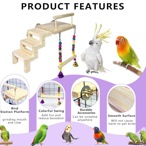 Bird Perch Platform with Ladder & Swing,Parrot Wooden Play Gym Cage Toys | Bird Wood Playing Exercise Stands Perches,Parakeet Climbing Ladder Playground Cage Accessories for Cockatiel Budgie Lovebird - size: Bird Perch Platform with Ladder Swing