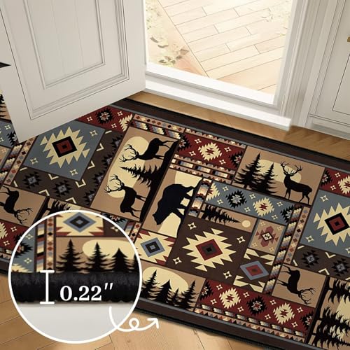 Rustic Rug for Bedroom,Cabin Wildlife Area Rug 3x5 Throw Carpet,Buffalo Plaid Bear Moose Deer Country,Ultra-Thin Washable Kitchen Rugs Indoor Entryway Rug Non Slip Floor Carpets for Living Room,Office - size: 3'x5'