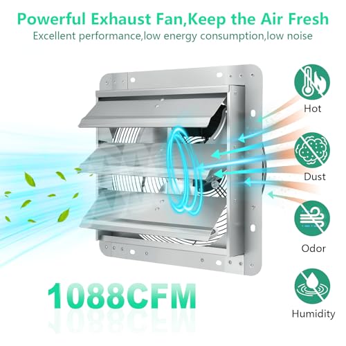 Shutter Exhaust Fan 1750 RPM,1088 CFM,14 inch Louvered Exhaust Fan with ON/OFF Switch, Attic Ventilator Fan for Greenhouse, Garage, Barn, Shed,Chicken Coops Ventilation Fans - color: With ON/OFF Power Cord, size: 14inch