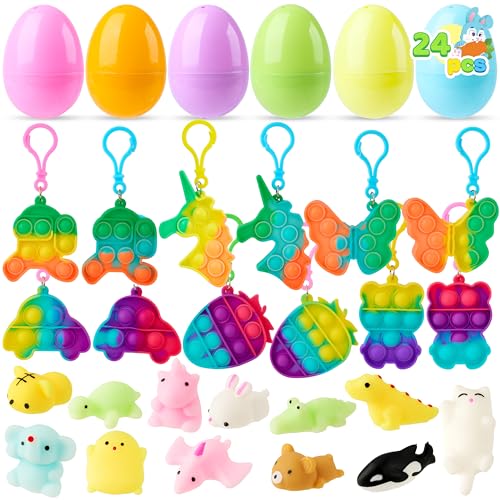JOYIN 24 Pcs Prefilled Easter Eggs with Assorted Toys, Filled with Mochi and pop Bubble Keychains, Easter Stuffed Toys for Kids to Egg Hunt, Kids Basket Stuffers, Party Favor, Classroom Prize - style: Cute