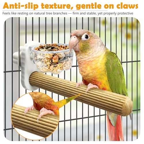 Kathson 3Pcs Bird Perch Feeding Cup Natural Wood Perches with Removable Bird Feeder for Cage Parrot Stand for Parakeets, Budgies, Cockatiels,Parrots, Birds Chewing Stick (White) - color: White