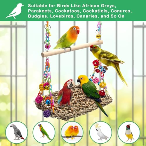 Bird Swing Mat with Wood Perch, AHIER Seagrass Bird Hammock for Conures with Chewing Toy for Parakeets, Budgie, Cockatiel Cage Accessories - color: Light Wood Pole