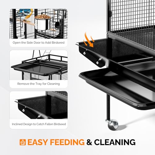 VINGLI 83 Inch Bird Cage with Play Top, Large Wrought Iron Bird Cage with Wheels, Rolling Parakeet Cage with Removable Tray for Cockatiels Lovebird Finches Canaries