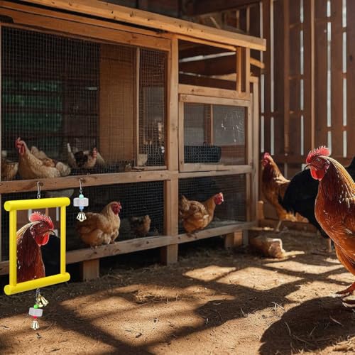 1 Pcs Chicken Mirror Toys Large 12x10 Inch Hanging Swing Mirror with Bell | Wooden Pecking Toy and 2 Pieces Beak Grinding Molar Stones for Hens Birds Parrots Coop Roosters(Yellow)