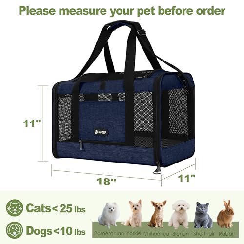 GAPZER Cat Carrier 18x11x11 United Airline Approved, Soft Pet Flying Kennel | Small Dog Chihuahua Crate 5-10 Pounds, Softshell Kitty Taxi Transport Cage 18lbs, Sturdy Miniature Poodle Top Loader Vet Case - color: Navy