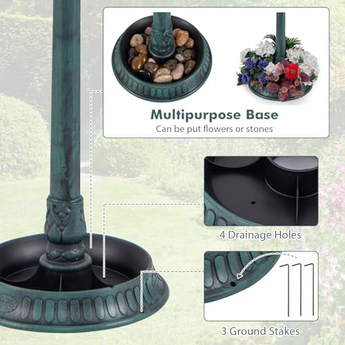 Solar Bird Bath, Pedestal Bird Bath with Bird Feeder, Flower Planter Base, and Solar Powered Lamp, Standing Birdbath for Outdoors, Garden, or Yard, 42 Inch Tall (Green) - color: Green
