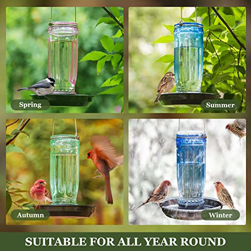 Kingsyard Glass Bird Water Feeder for Outdoors, Hanging Bird Waterer | 16 oz Capacity, 360 Degree Perch, Wide-Mouth Opening, Metal Hanging Hook & Base, Easy to Clean & Refill, Blue