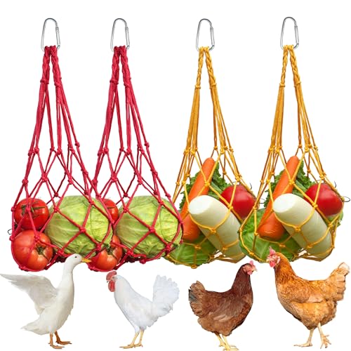 Chicken Vegetable Hanging Feeder 4 PCS, Reusable String Bag with Hook for Chicken Toys, Poultry Fruit Holder for Hens and Ducks, No Mess Lettuce Cabbage Feeder for Enrichment, Coop Accessories - color: Yellow+Red