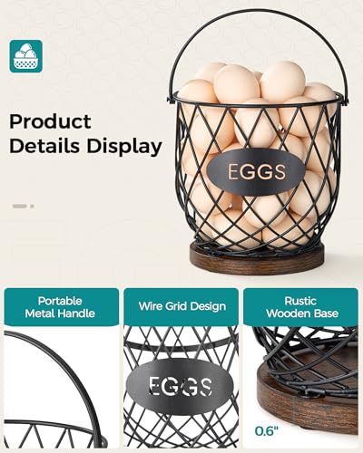 Chicken Egg Basket for Gathering Fresh Eggs, Wire Egg Collecting Basket | Metal Handle, Wooden Base, Round Egg Holder Countertop, Vintage Farmhouse Kitchen Decor, Fruit Storage - color: Rustic Brown