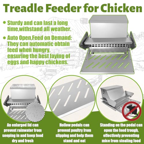 Automatic Metal Treadle Feeder 26lbs Capacity No Waste Automatic Chicken Feeder Galvanized Steel Large Metal Poultry Feeder Outdoor Coop Food Dispenser with Rain Cover