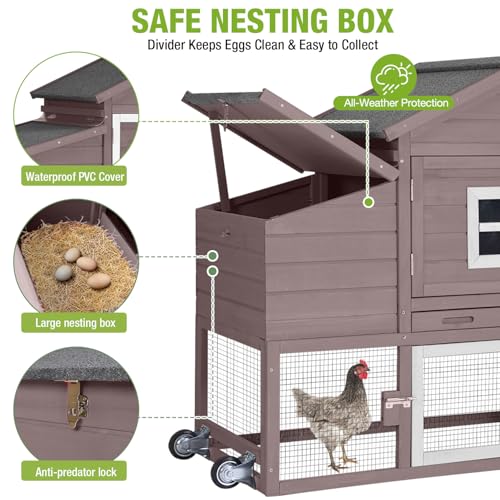 GUTINNEEN Chicken Coop with Wheels,Outdoor Hen House with Waterproof Asphalt Roof, Wooden Poultry Enclosure with Easy-Clean Slide-Out Tray,Poultry Cage with Nesting Boxes for Duck Rabbit Chicken-Brown - size: 67.3"L x 26"W x 39.4"H-Brown