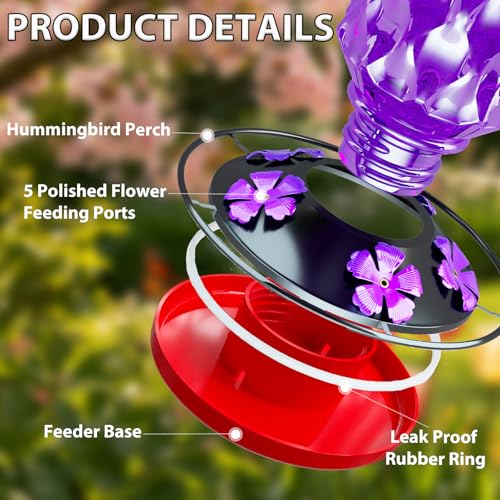 Glass Hummingbird Feeder for Outdoors, 25OZ Hummingbird Feeder with 5 Flower Ports & Perch, Leak-Proof, Crystal Clear – Hummingbird Feeders for Outdoors Hanging, Garden Decor,Gifts for Women Men - color: Purple