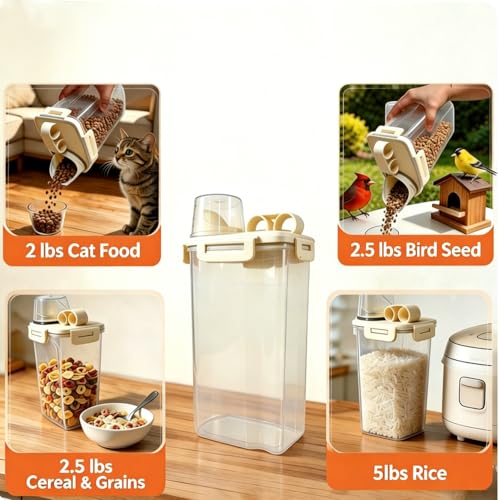2 Lbs Small Cat Dog Food Storage Container for Bird Seed, Pet Food, 2 Pack | 2QT Versatile Dry Food Bin Portable Dispenser with Wide-Mouth Pour Spout for Rice, Flour, Cereal, Storage and Organization - color: Two Beige