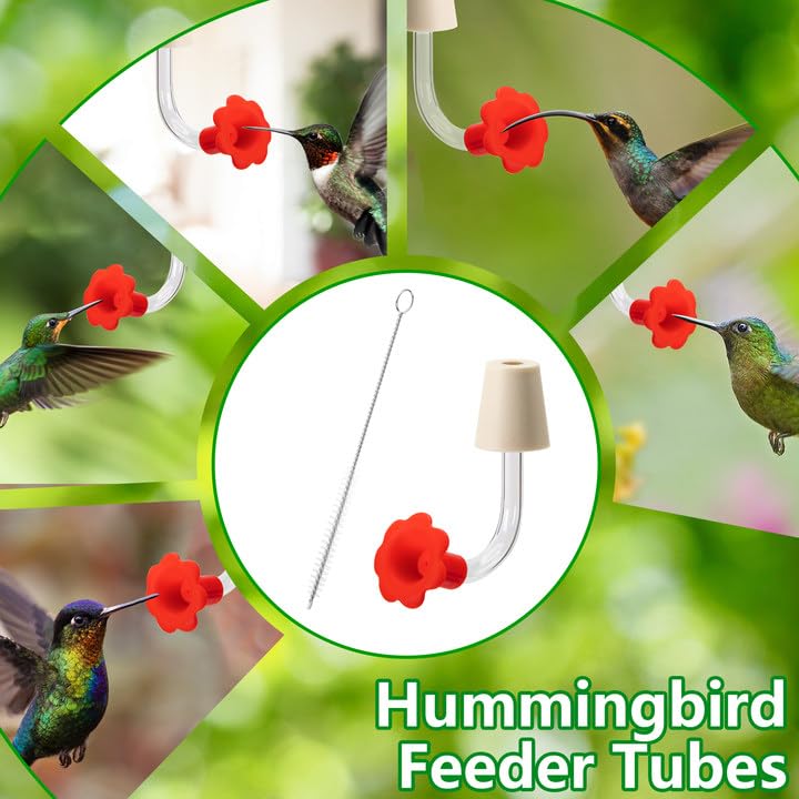 DECOHS 9 Pcs Hummingbird Feeder Tubes with Red Floral Tip, Bird Hummingbird Feeder Replacement Parts with 3 Brush, Outside Flower Bird Water Feeder Tubes Stoppers for Making Your Own Bird Feeders